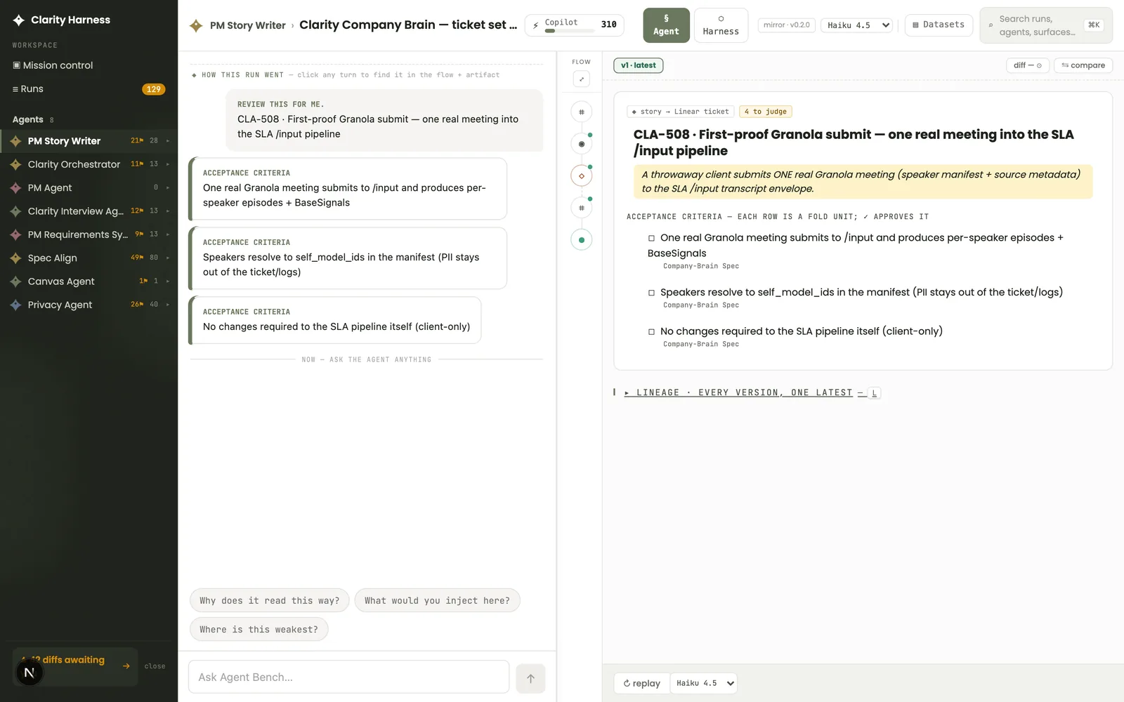Clarity Harness agent workspace — copilot, acceptance criteria, assembled artifact with version lineage