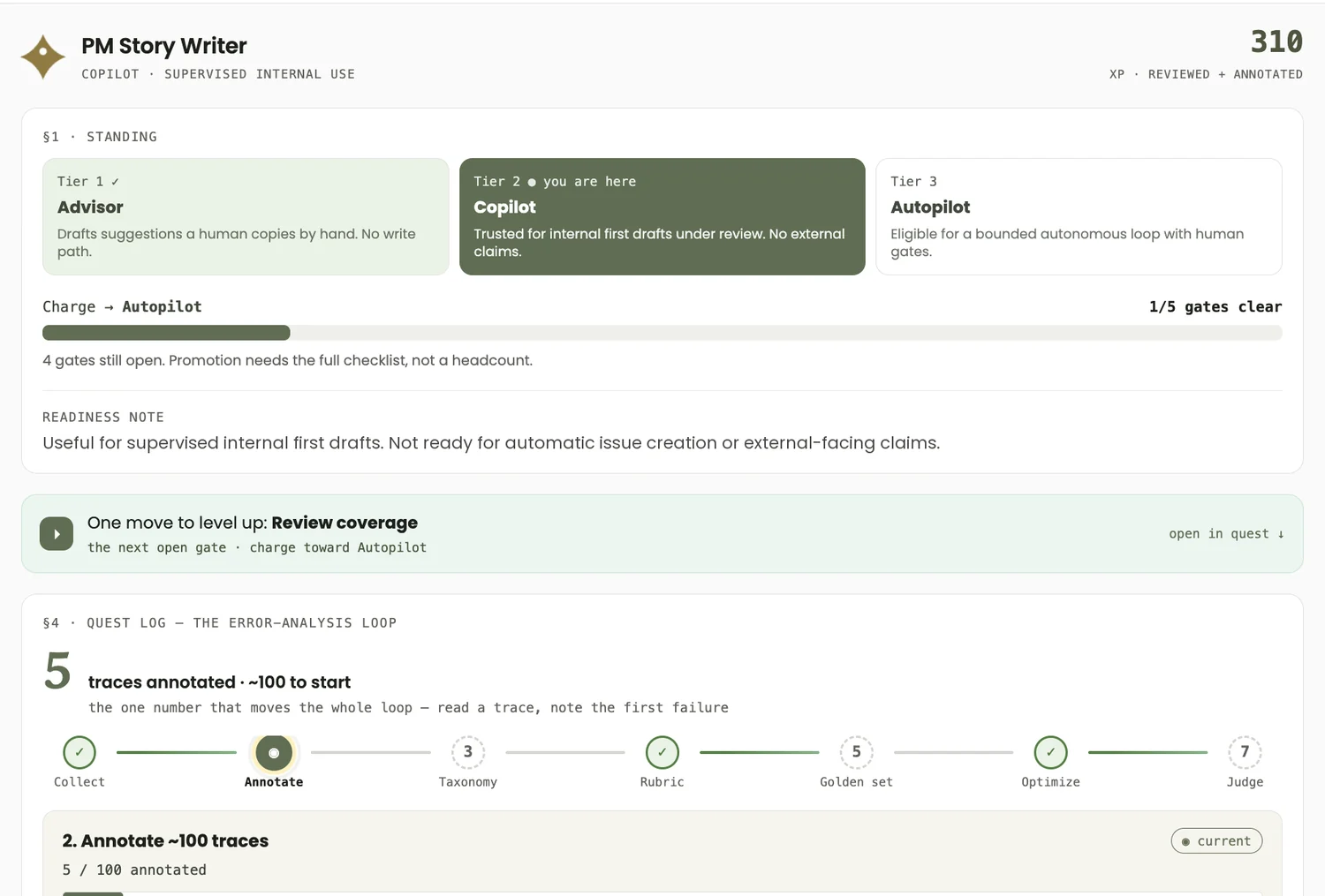 Agent standing page — Advisor, Copilot, and Autopilot tiers with promotion gates, XP, and the error-analysis quest log